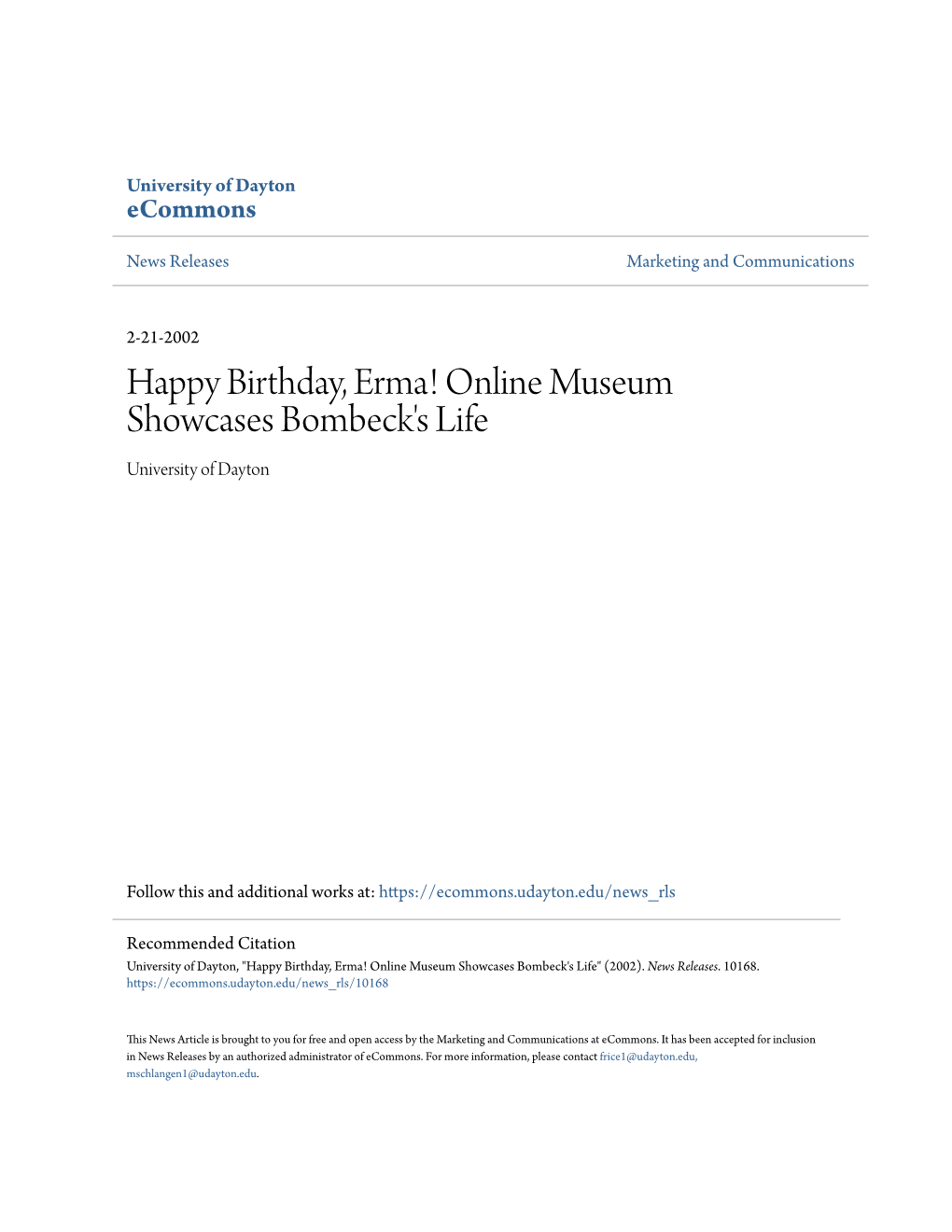 Happy Birthday, Erma! Online Museum Showcases Bombeck's Life University of Dayton