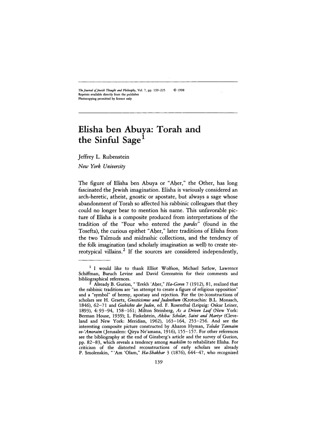 Elisha Ben Abuya: Torah and the Sinful Sage 1