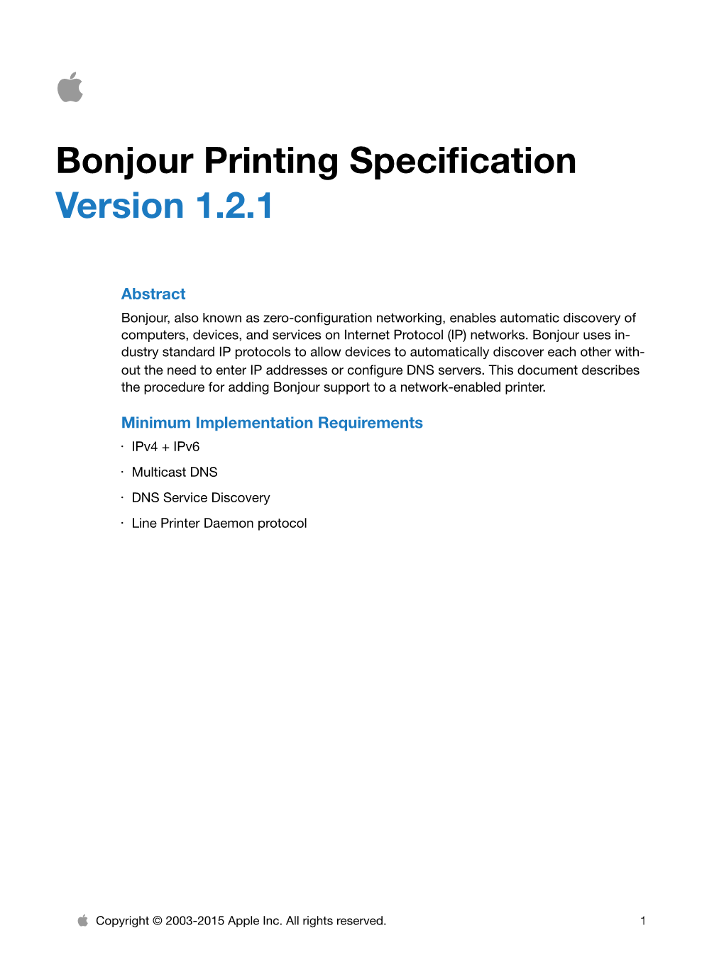 Bonjour Printing Specification