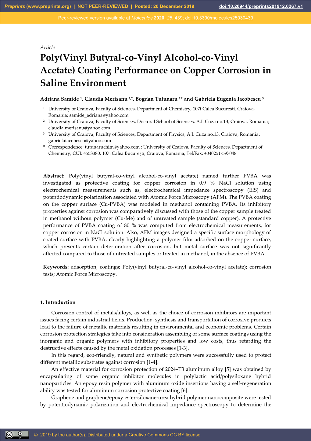 Coating Performance on Copper Corrosion in Saline Environment