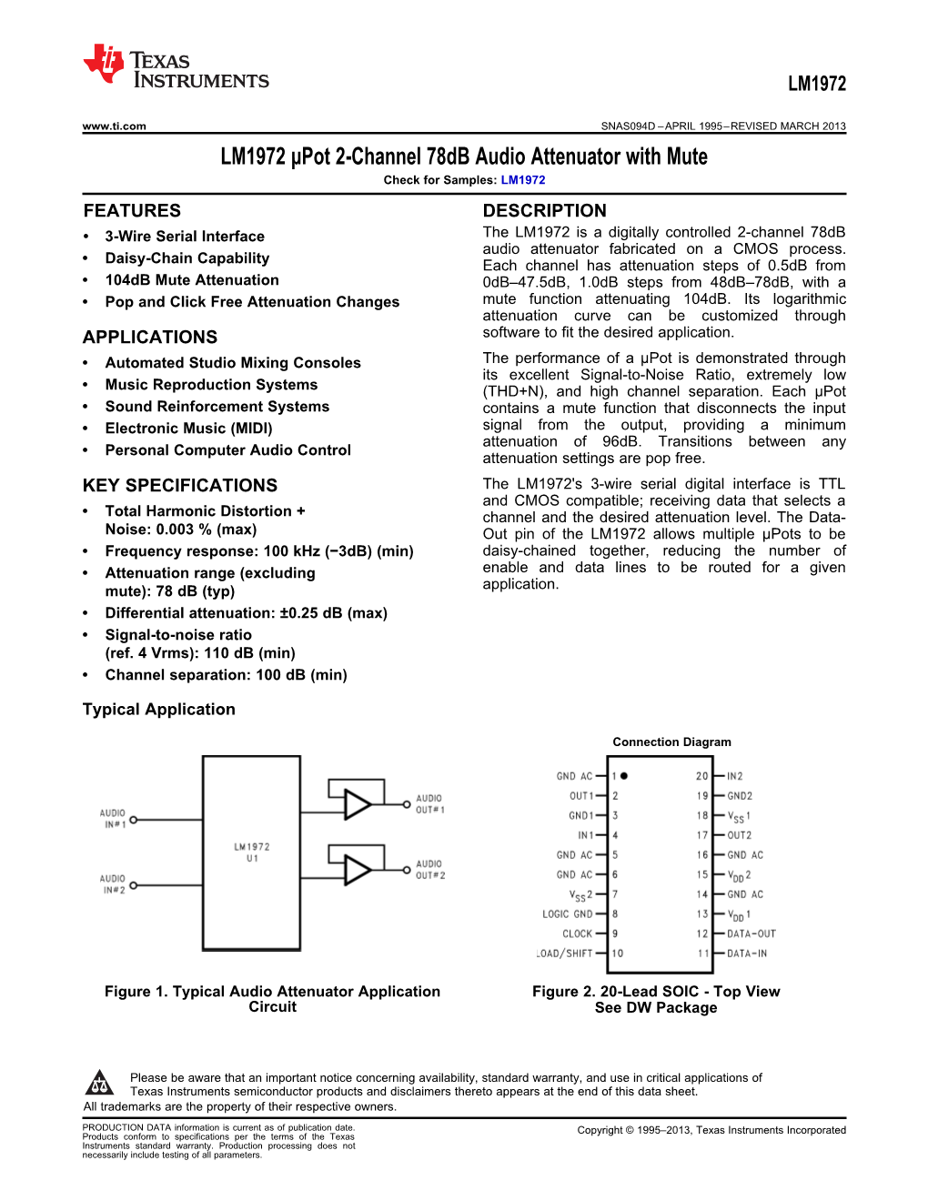 LM1972 Pot 2-Channel 78 Db Audio Attenuator with Mute Datasheet