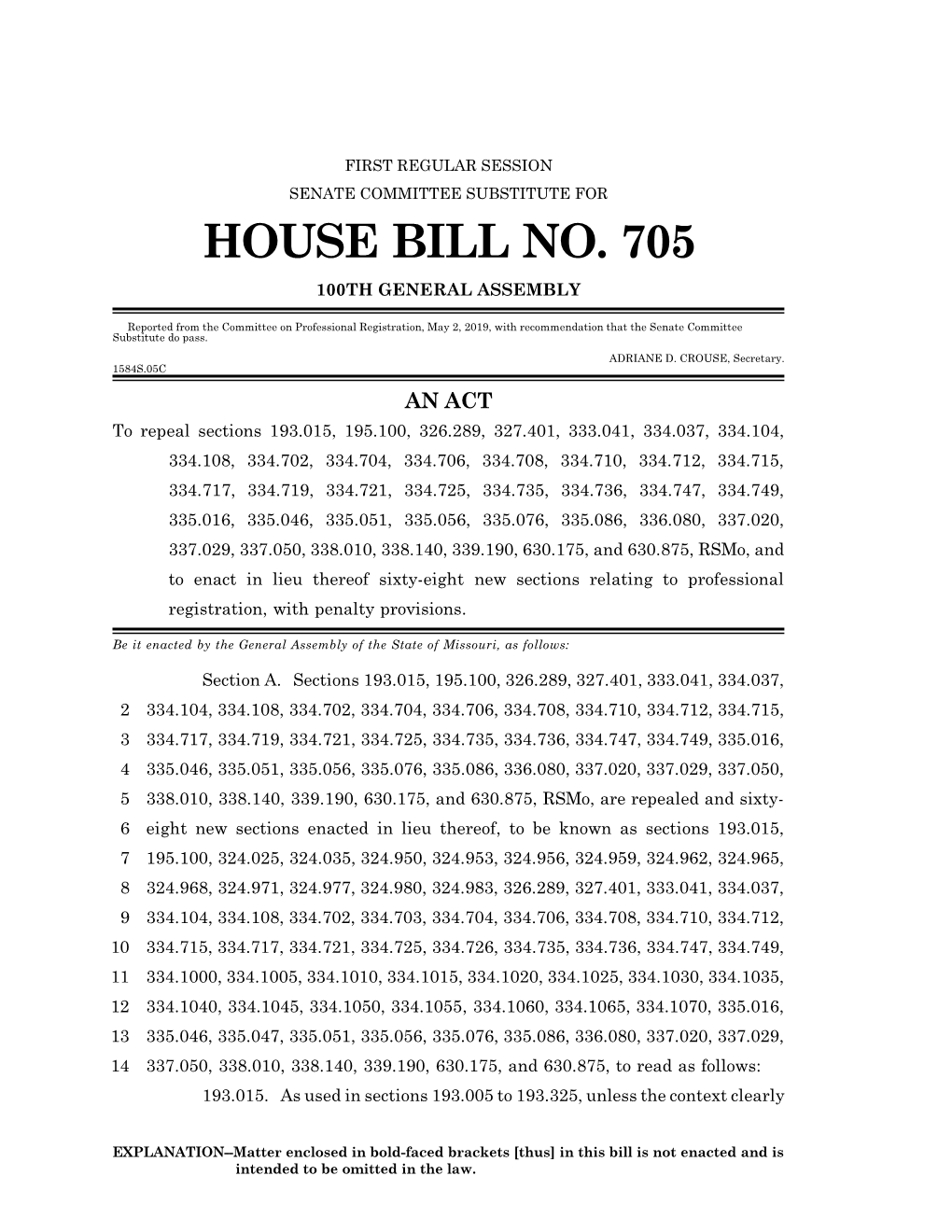 House Bill No. 705 100Th General Assembly