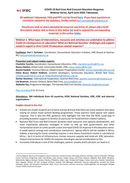 COVID-19 Red Cross Red Crescent Education Response Webinar Series, April-June 2020, Takeaways All Webinars' Takeaways, FAQ