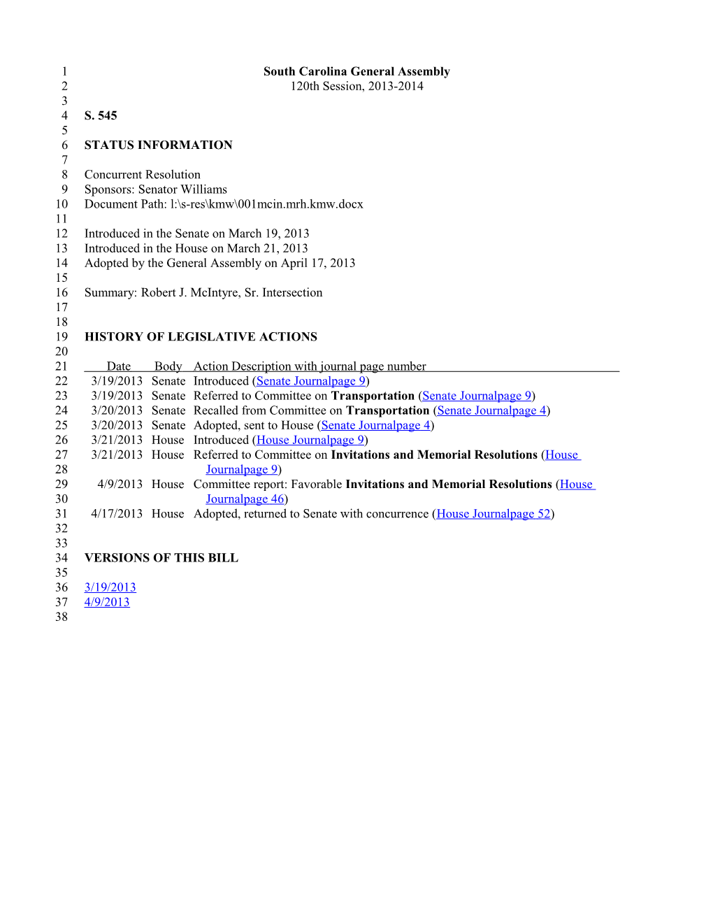 2013-2014 Bill 545: Robert J. Mcintyre, Sr. Intersection - South Carolina Legislature Online