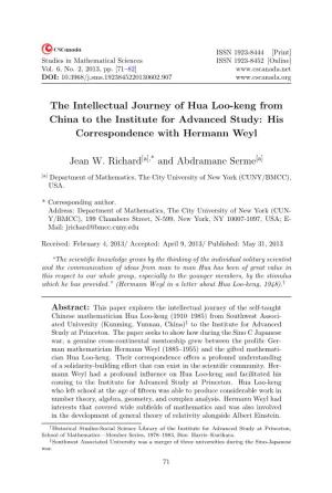 The Intellectual Journey of Hua Loo-Keng from China to the Institute for Advanced Study: His Correspondence with Hermann Weyl