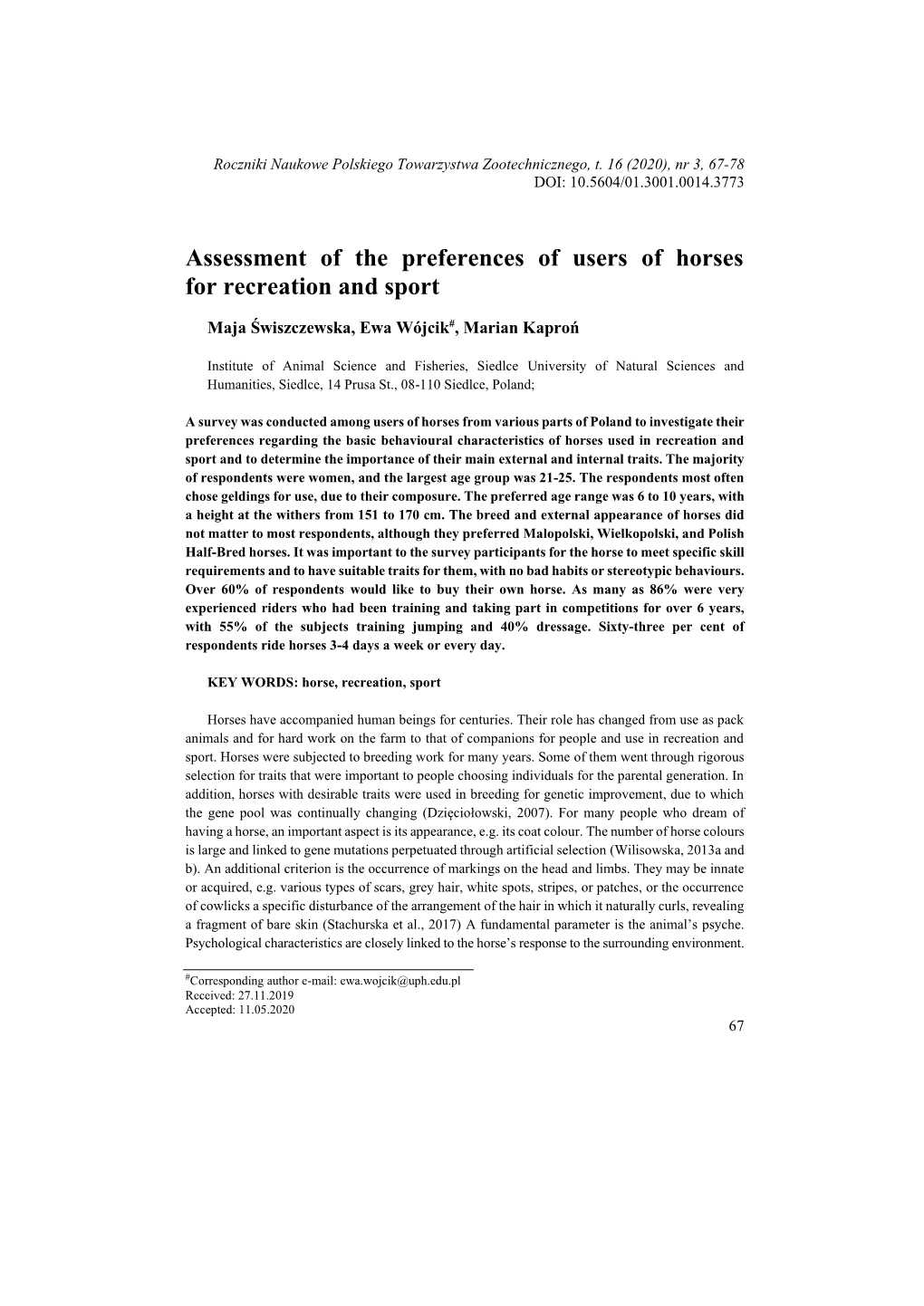 Assessment of the Preferences of Users of Horses for Recreation and Sport