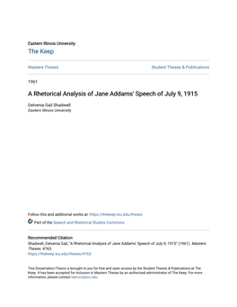 A Rhetorical Analysis of Jane Addams' Speech of July 9, 1915