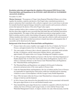 FLRWA RESOLUTION 2020 Owasco Watershed Rules & Regulations