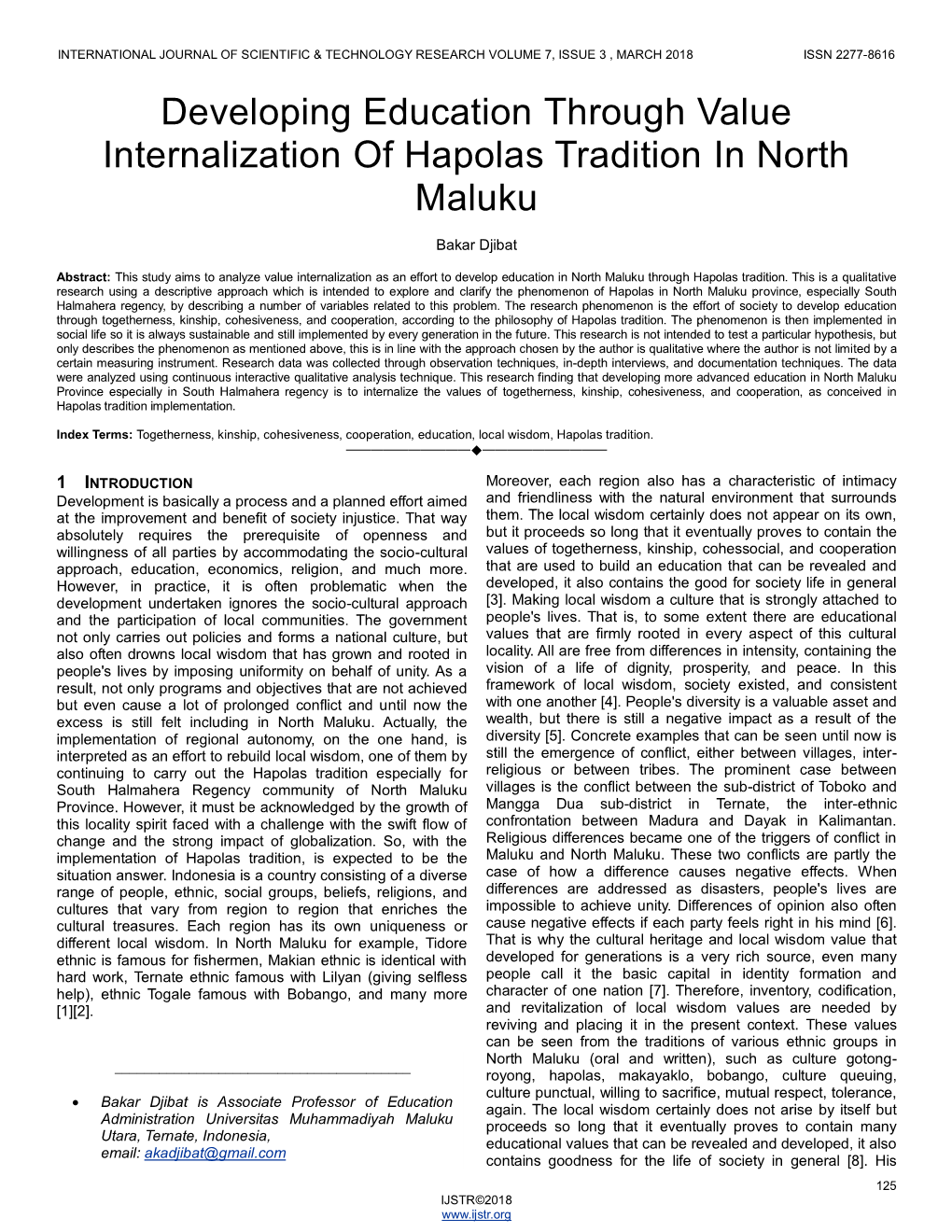 Developing Education Through Value Internalization of Hapolas Tradition in North Maluku