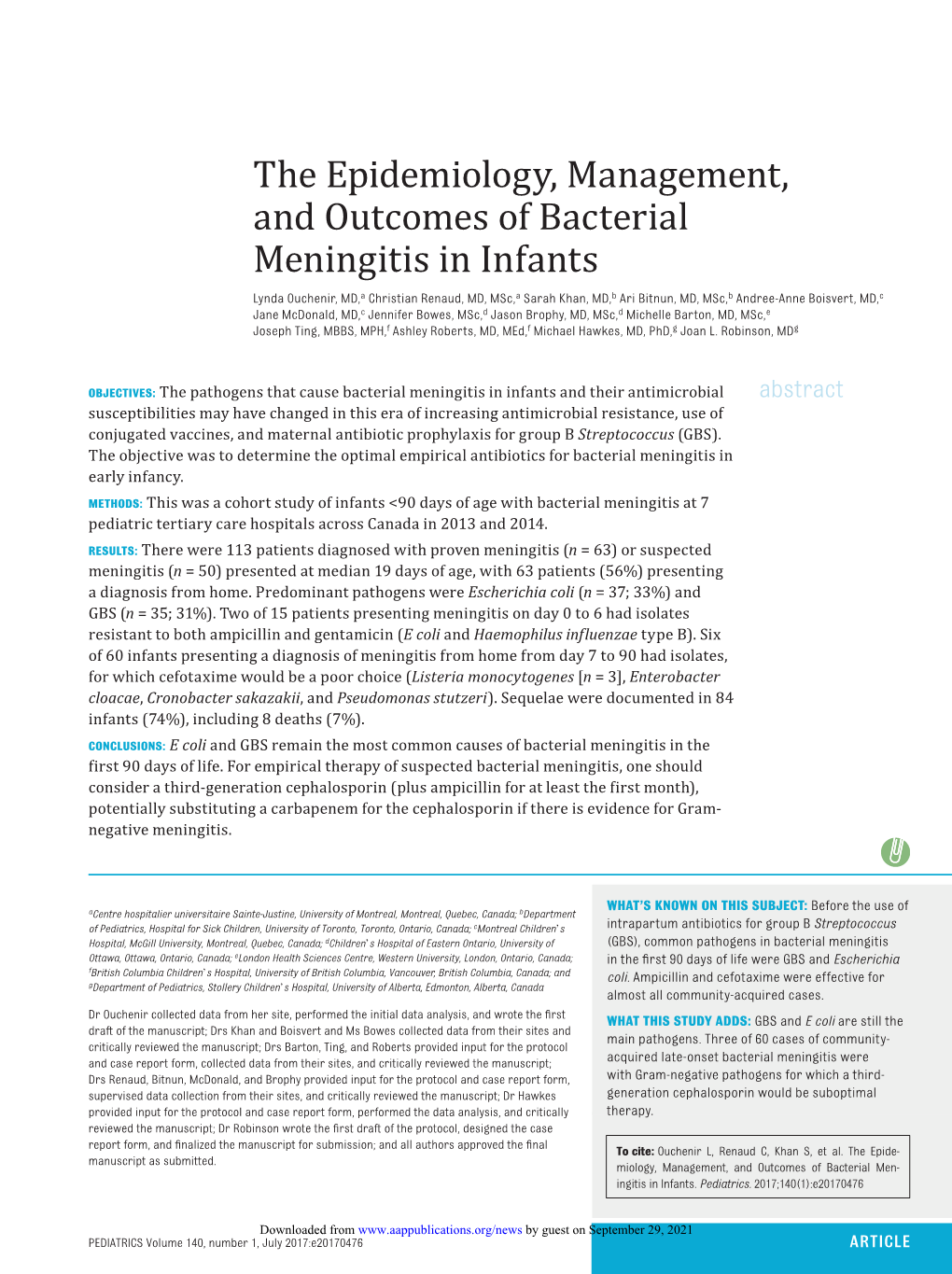 The Epidemiology, Management, and Outcomes of Bacterial Meningitis In