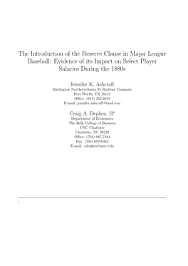 The Introduction of the Reserve Clause in Major League Baseball: Evidence of Its Impact on Select Player Salaries During the 1880S