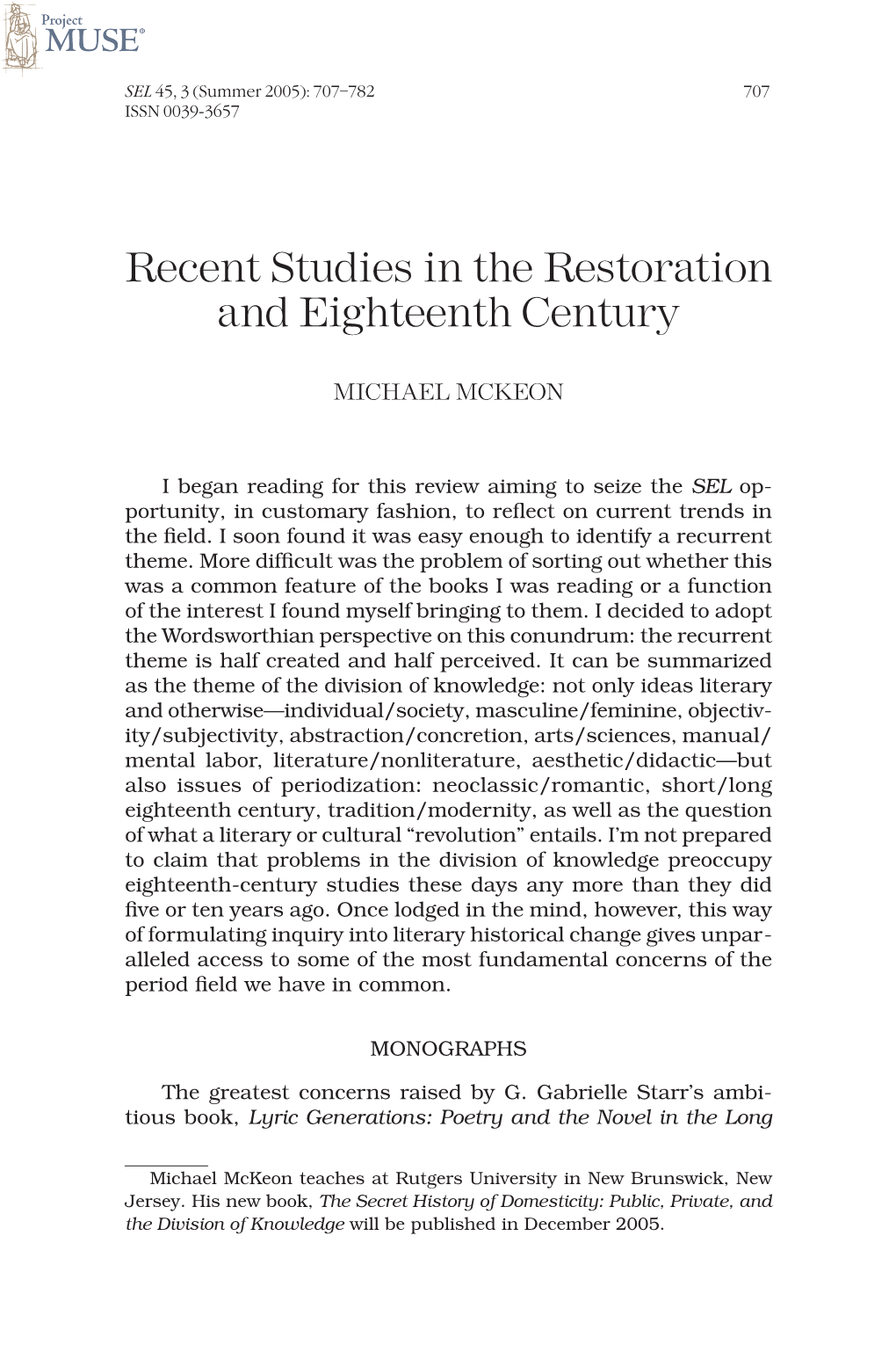 Recent Studies in the Restoration and Eighteenth Century