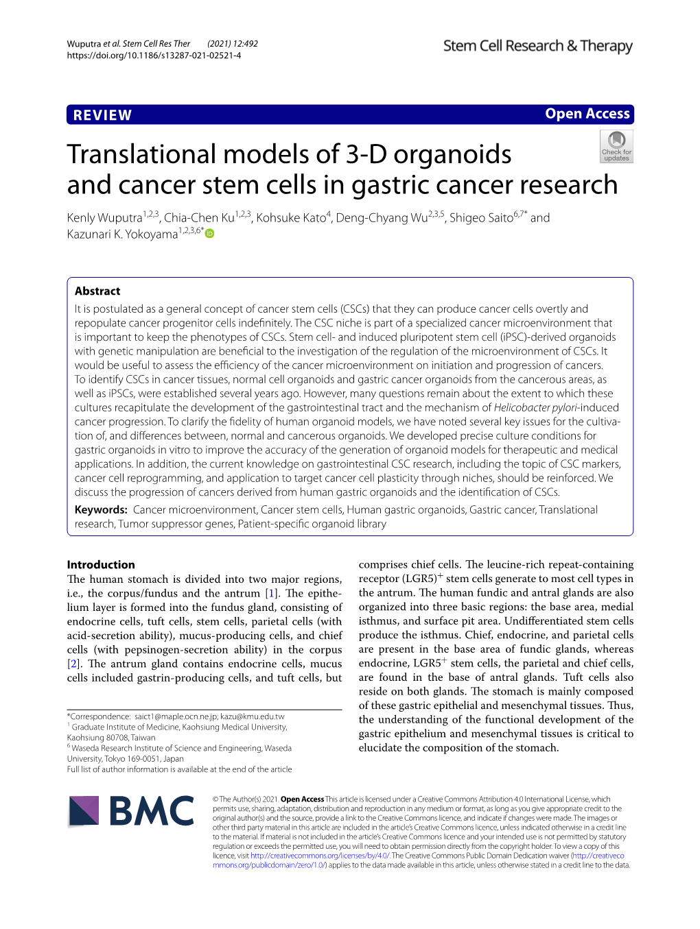 Translational Models of 3-D Organoids and Cancer Stem Cells in Gastric