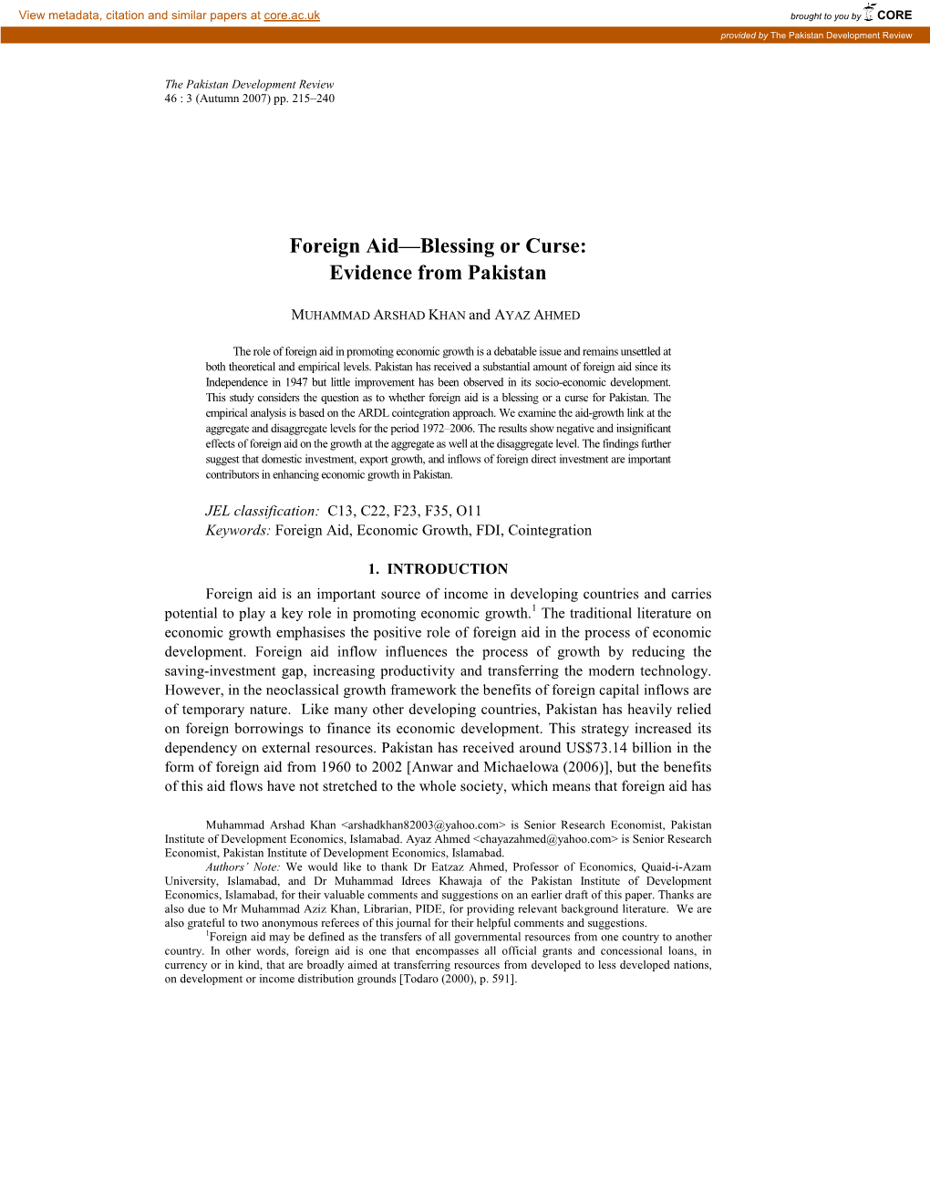 Foreign Aid—Blessing Or Curse: Evidence from Pakistan