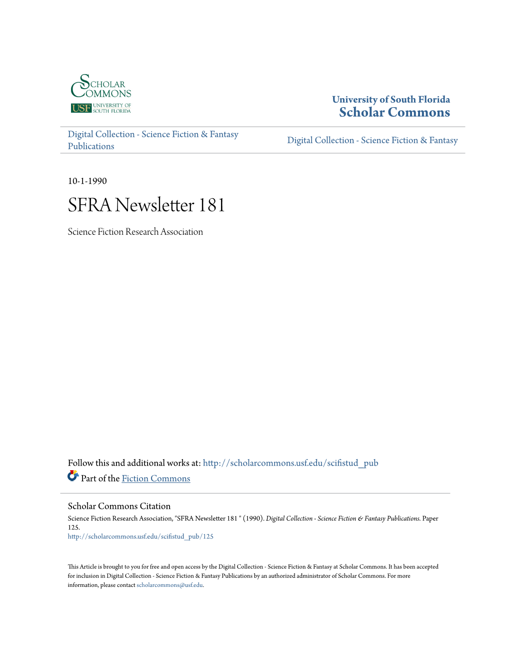 SFRA Newsletter, 181, October 1990