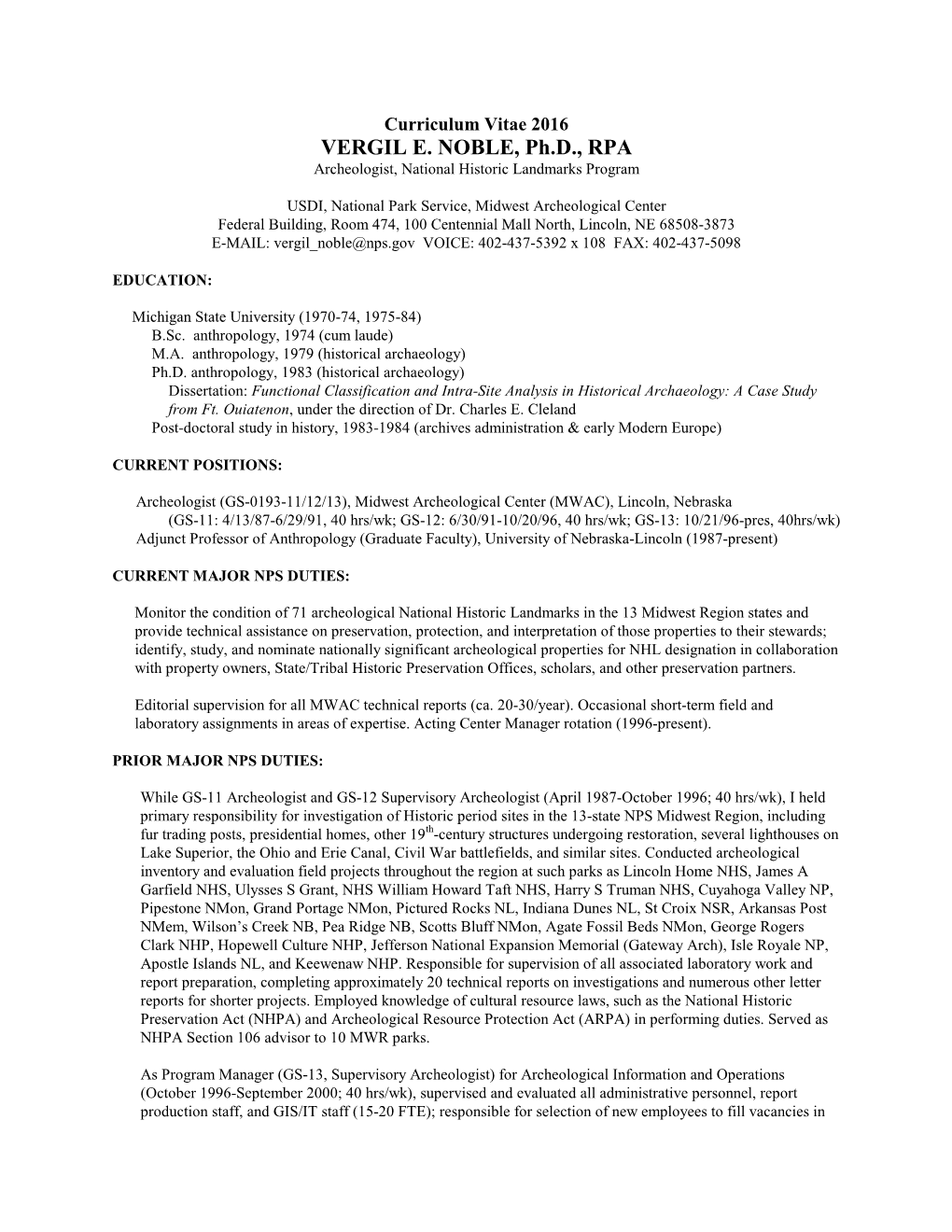 VERGIL E. NOBLE, Ph.D., RPA Archeologist, National Historic Landmarks Program