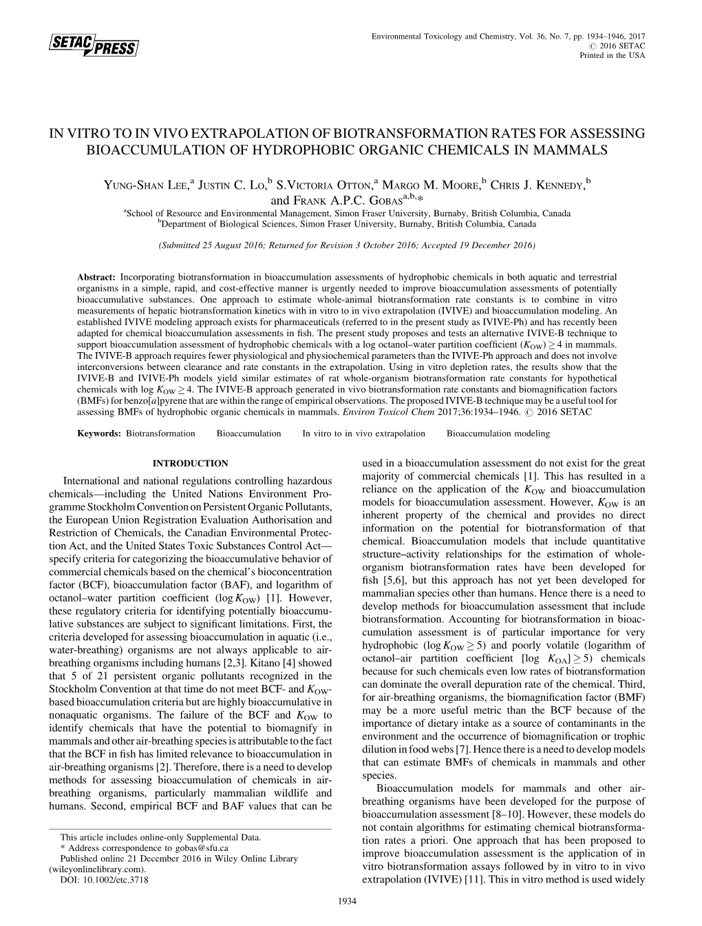 In Vitro to in Vivo Extrapolation of Biotransformation Rates for Assessing Bioaccumulation of Hydrophobic Organic Chemicals in Mammals