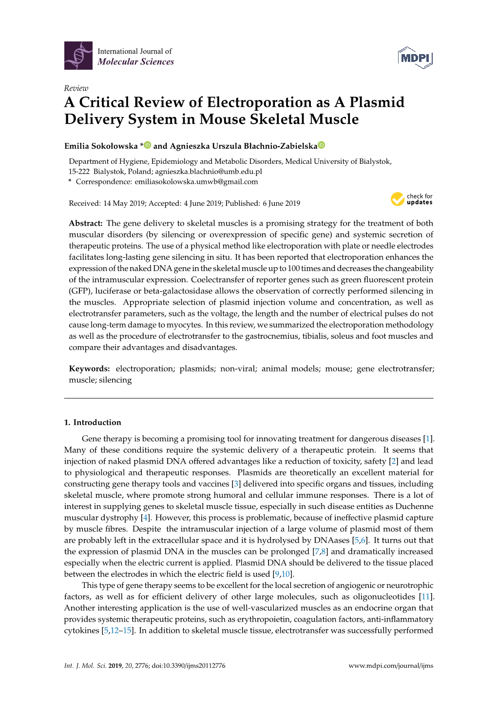 A Critical Review of Electroporation As a Plasmid Delivery System in Mouse Skeletal Muscle