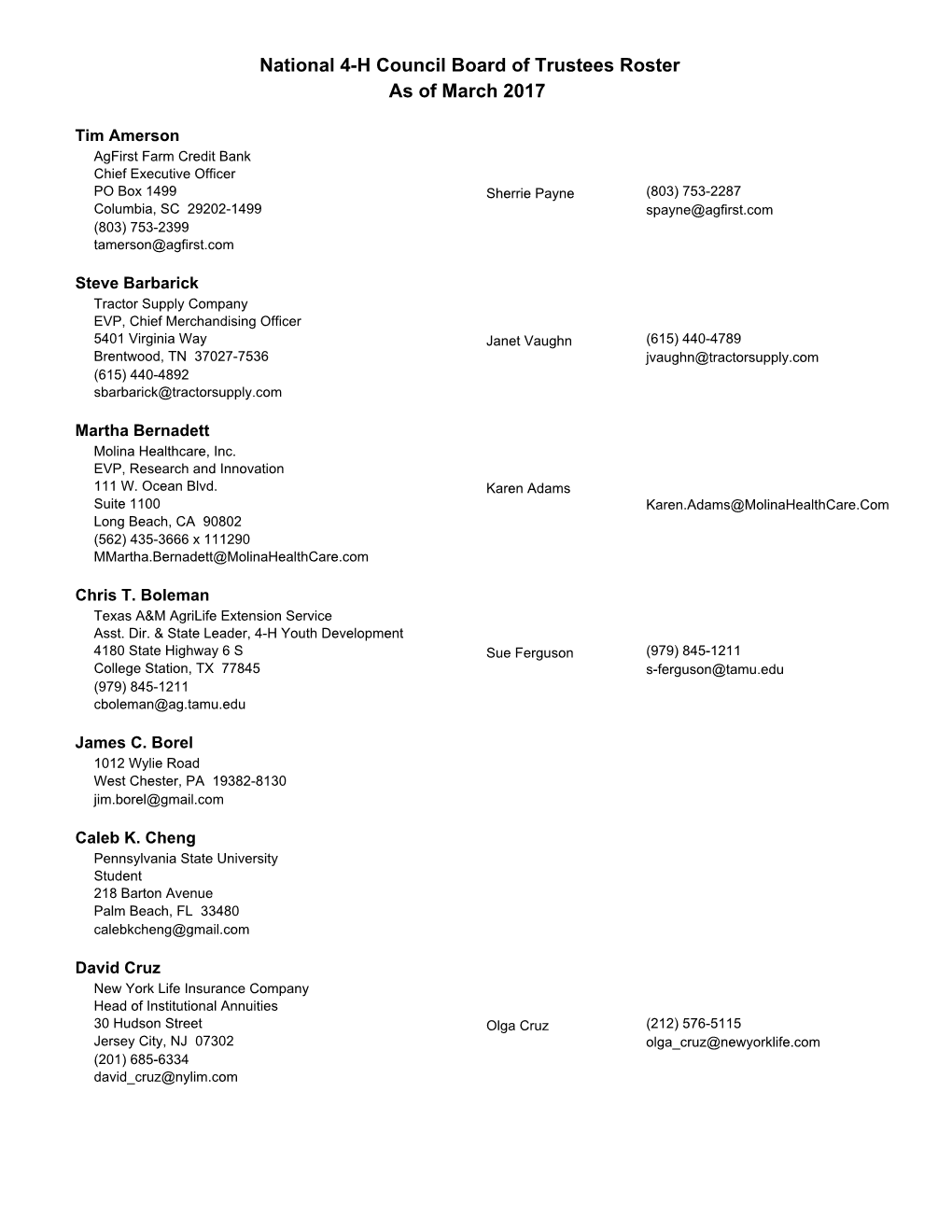 National 4-H Council Board of Trustees Roster As of March 2017