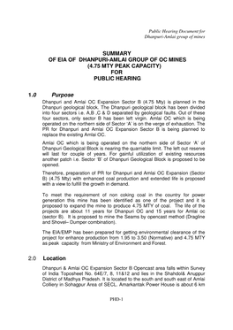 Summary of Eia of Dhanpuri-Amlai Group of Oc Mines (4.75 Mty Peak Capacity) for Public Hearing