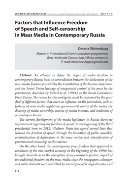 Factors That Influence Freedom of Speech and Self-Censorship in Mass Media in Contemporary Russia