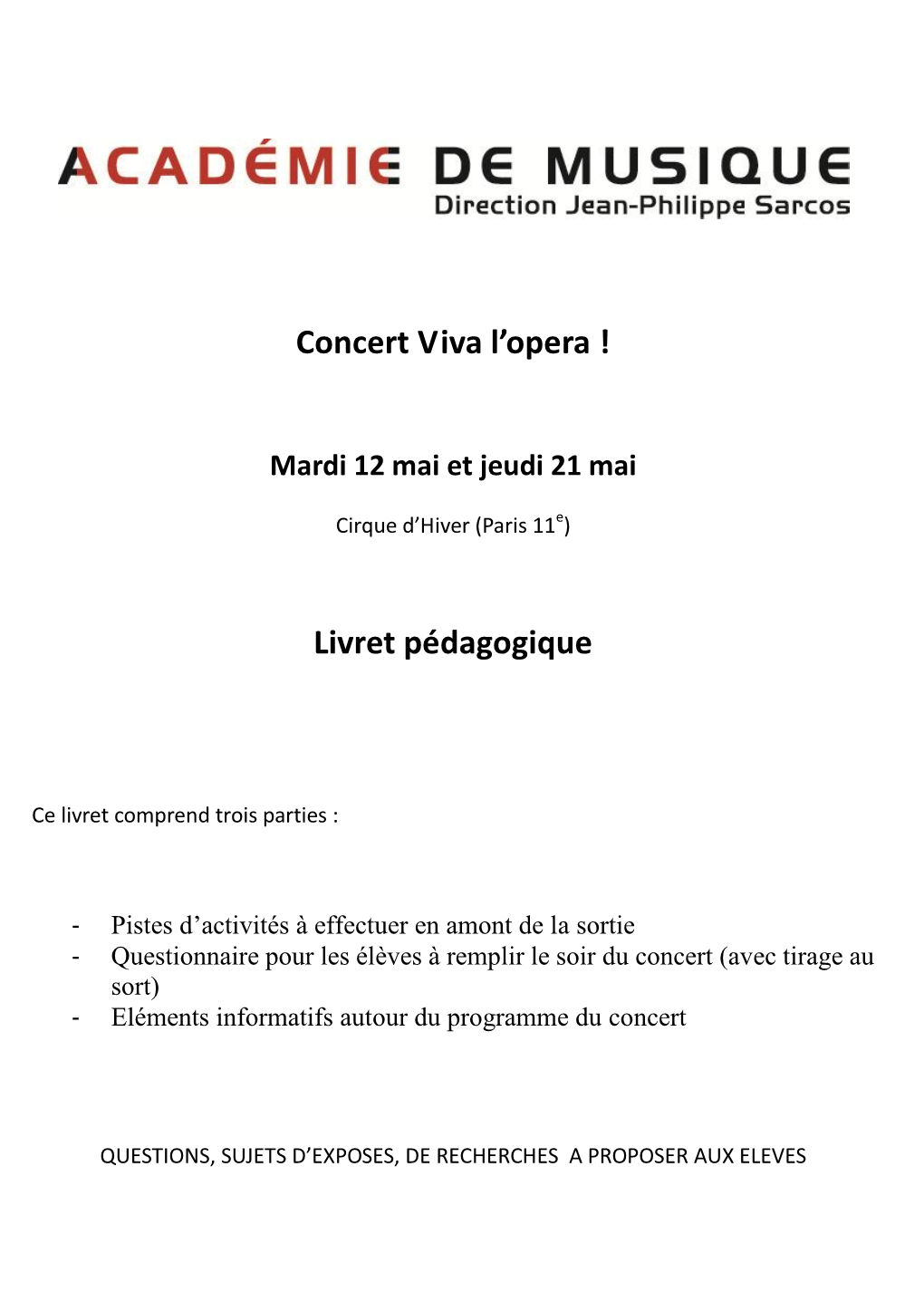 Concert Viva L'opera ! Livret Pédagogique