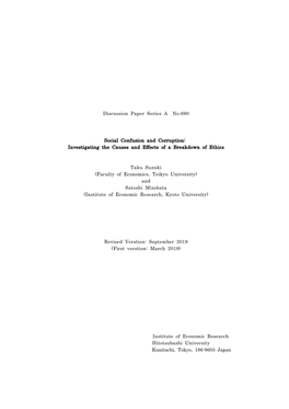 Discussion Paper Series a No.690 Social Confusion and Corruption: Investigating the Causes and Effects of a Breakdown of Ethics