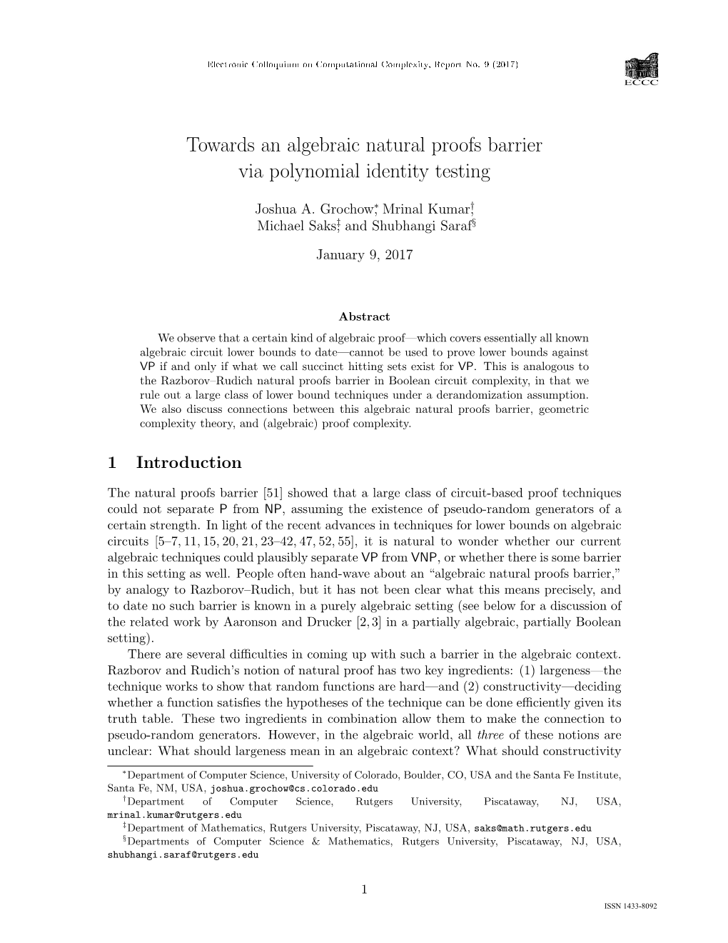 Towards an Algebraic Natural Proofs Barrier Via Polynomial Identity Testing