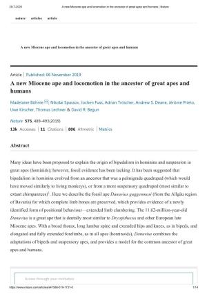 A New Miocene Ape and Locomotion in the Ancestor of Great Apes and Humans | Nature