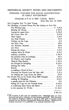 HISTORICAL SOCIETY NOTES and DOCUMENTS ITEMIZED VOUCHER for HOUSE CONSTRUCTION in EARLY PITTSBURGH* [Transcript of P