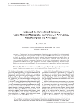 Revision of the Three-Striped Dasyures, Genus Myoictis (Marsupialia: Dasyuridae), of New Guinea, with Description of a New Species