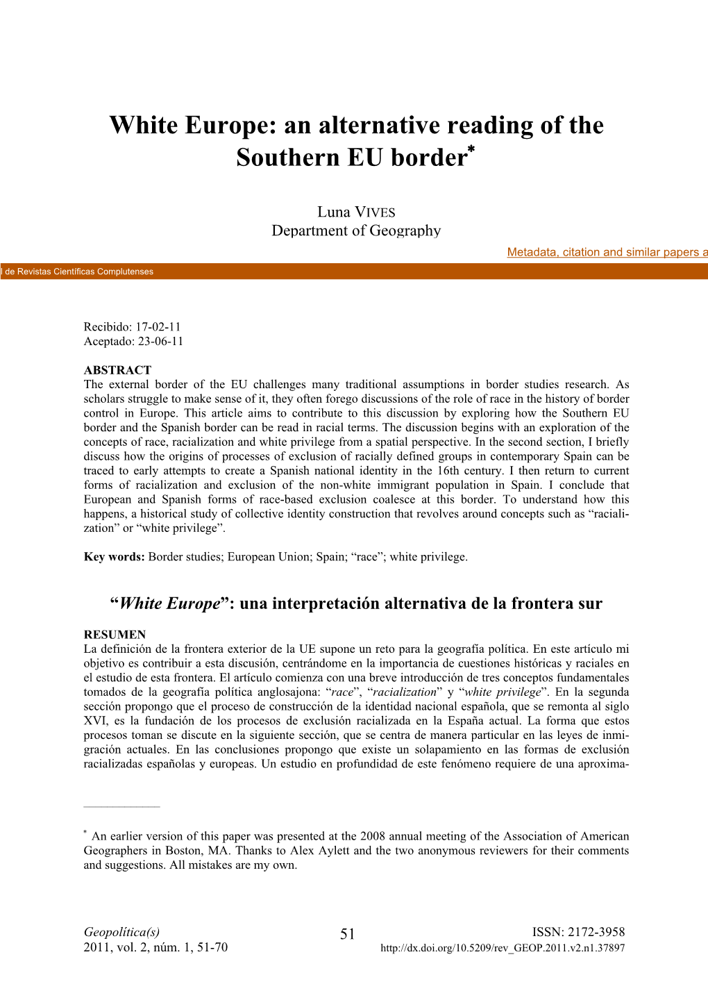 White Europe: an Alternative Reading of the Southern EU Border