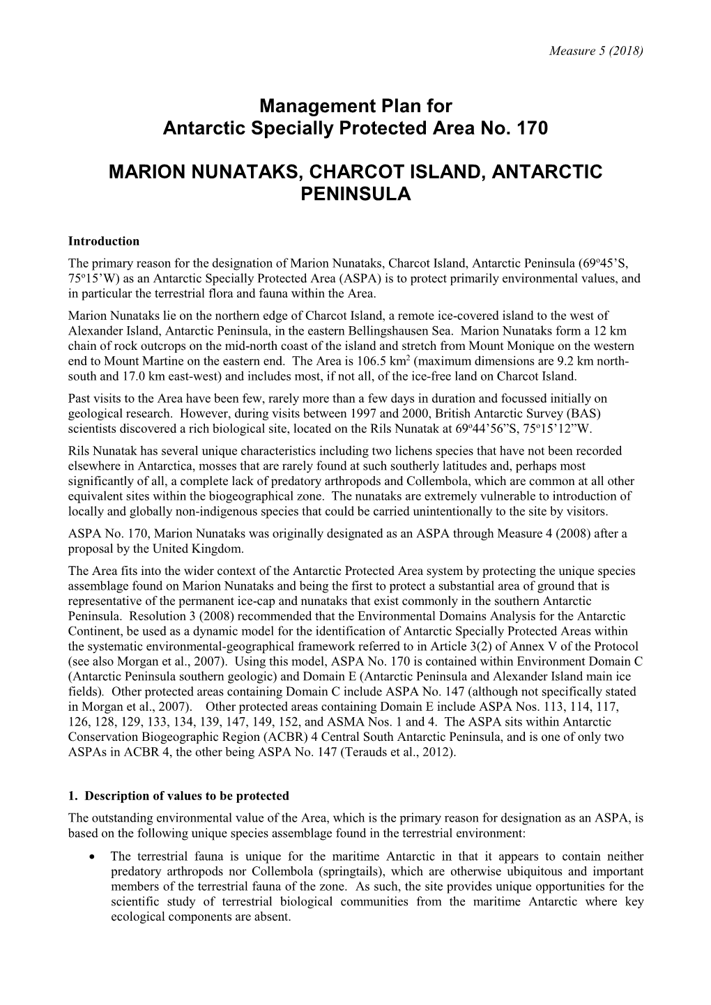 Management Plan for Antarctic Specially Protected Area No. 170 MARION NUNATAKS, CHARCOT ISLAND, ANTARCTIC PENINSULA