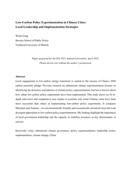 Low-Carbon Policy Experimentation in Chinese Cities: Local Leadership and Implementation Strategies