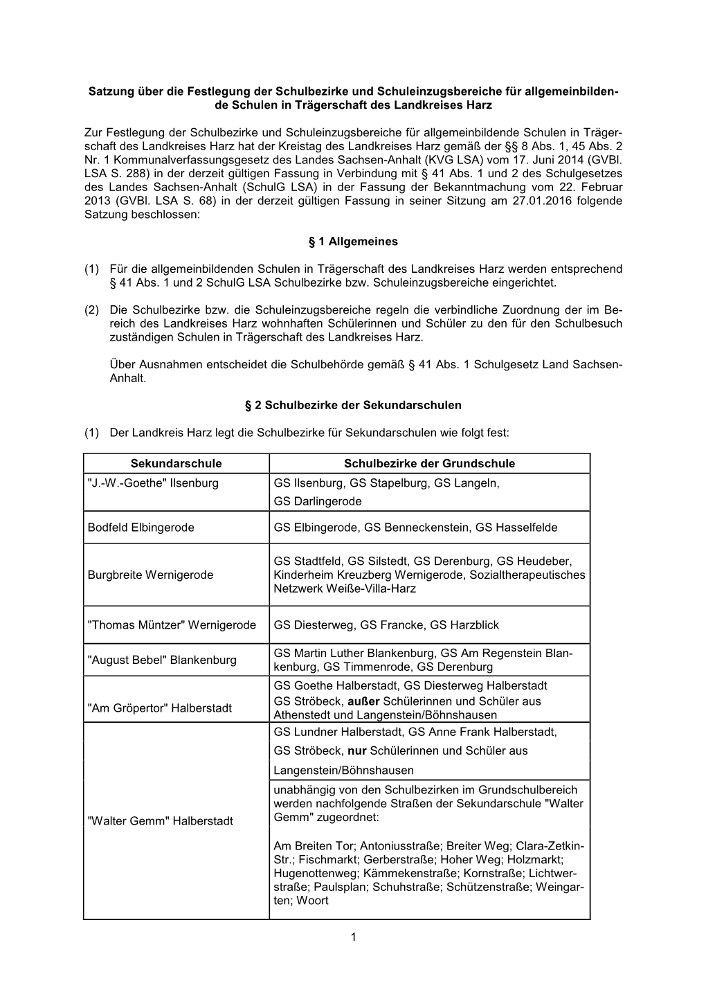 Satzung Über Die Festlegung Der Schulbezirke Und Schuleinzugsbereiche Für Allgemeinbilden- De Schulen in Trägerschaft Des Landkreises Harz