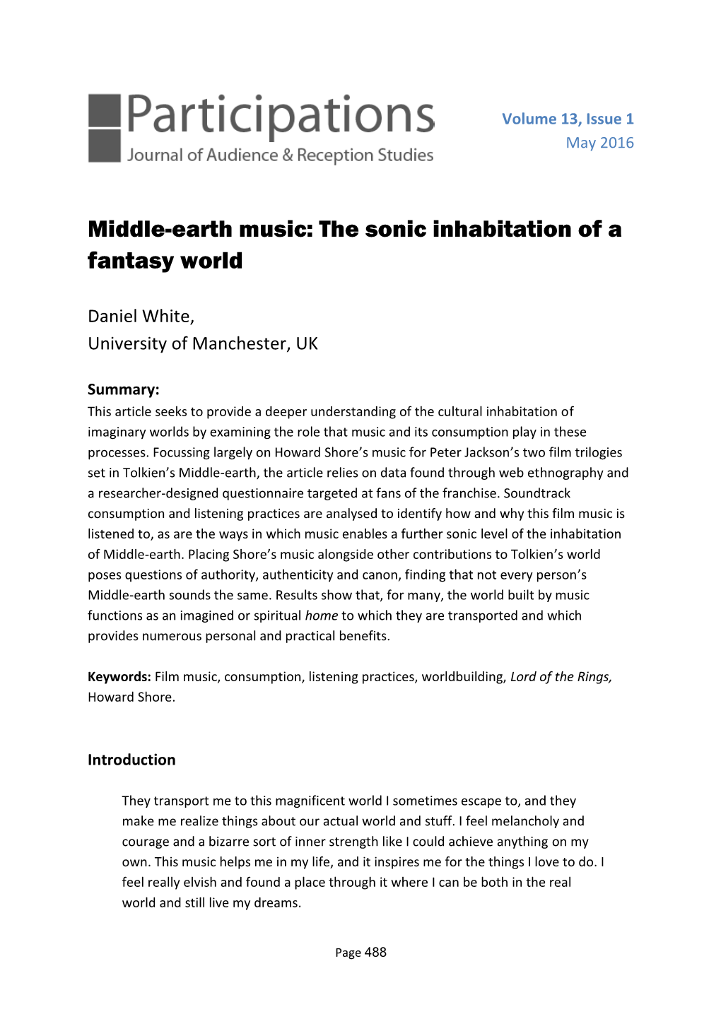 Middle-Earth Music: the Sonic Inhabitation of a Fantasy World