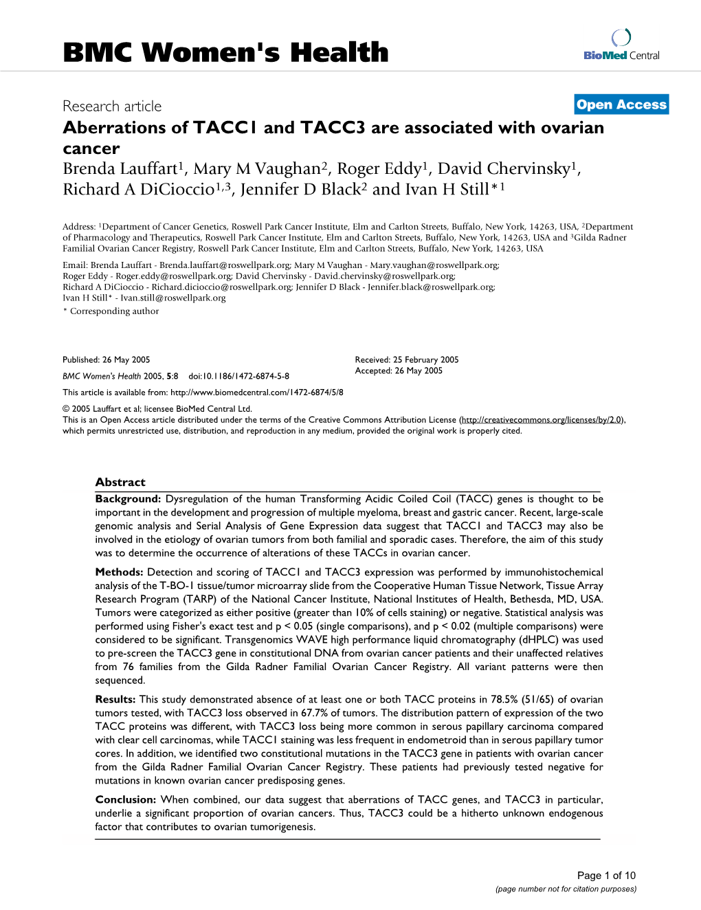 Aberrations of TACC1 and TACC3 Are Associated with Ovarian Cancer