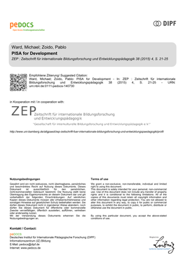 PISA for Development ZEP : Zeitschrift Für Internationale Bildungsforschung Und Entwicklungspädagogik 38 (2015) 4, S