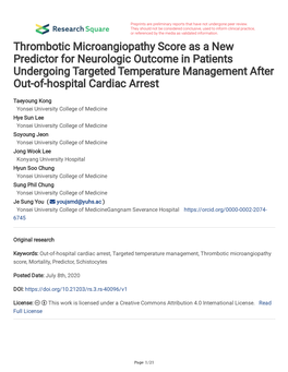 Thrombotic Microangiopathy Score As a New Predictor for Neurologic Outcome in Patients Undergoing Targeted Temperature Management After Out-Of-Hospital Cardiac Arrest