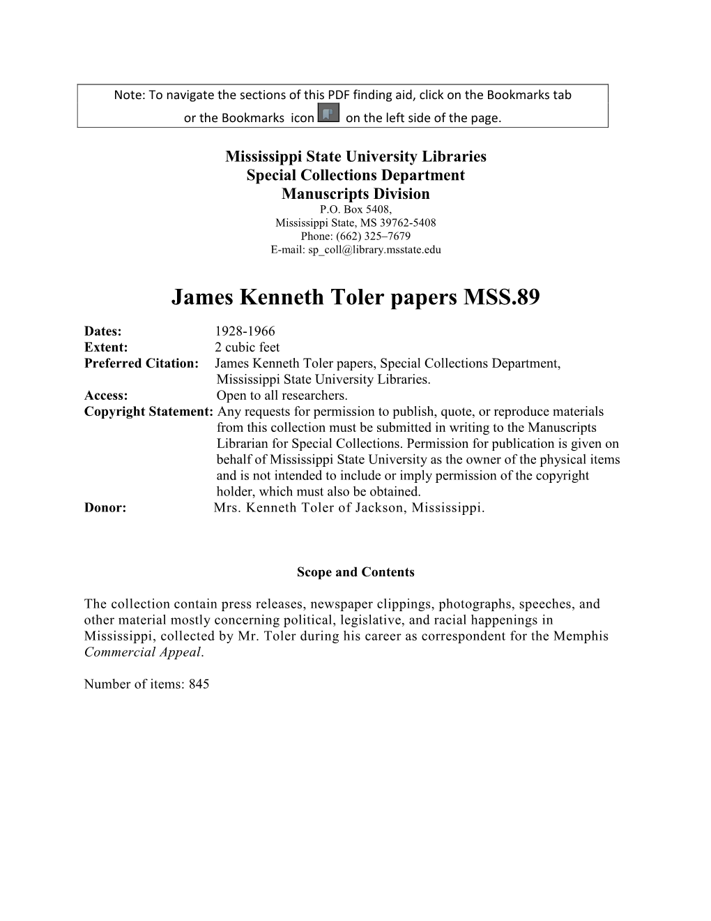 James Kenneth Toler Papers MSS.89