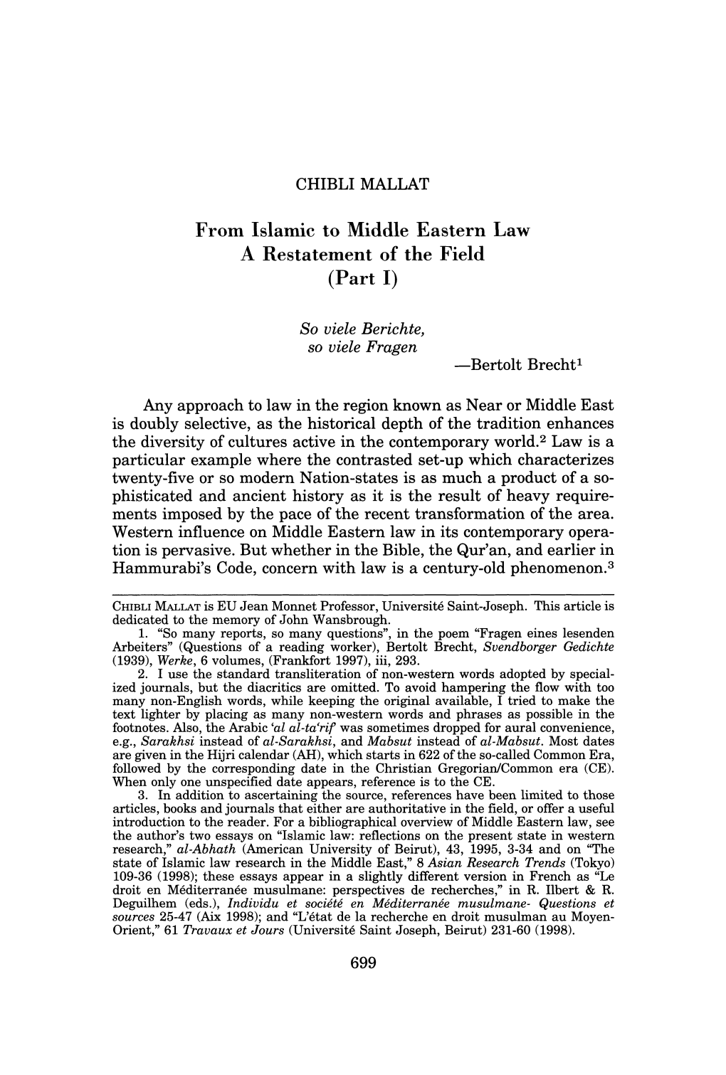 From Islamic to Middle Eastern Law a Restatement of the Field (Part I)