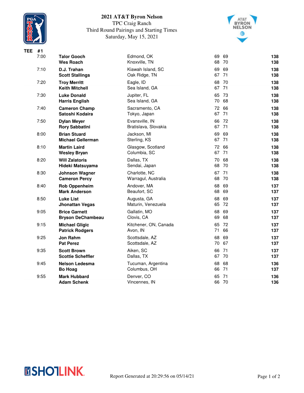 2021 AT&T Byron Nelson TPC Craig Ranch Third Round Pairings And