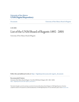 List of the UNM Board of Regents 1892 - 2005 University of New Mexico Board of Regents