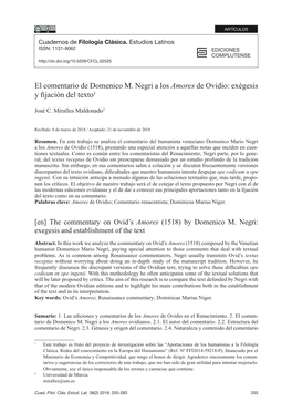 El Comentario De Domenico M. Negri a Los Amores De Ovidio: Exégesis Y Fijación Del Texto1