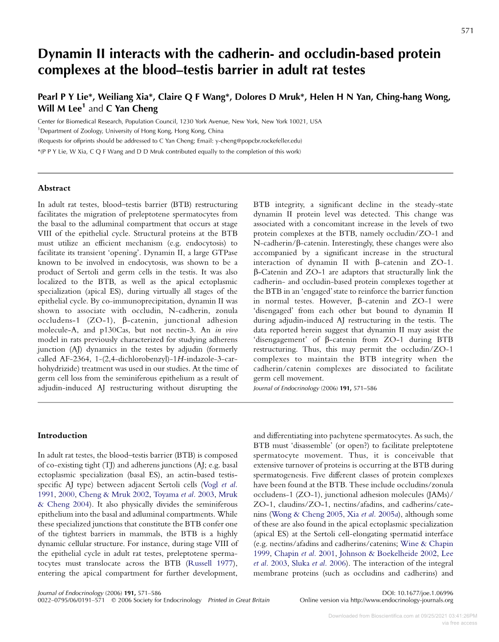 Dynamin II Interacts with the Cadherin- and Occludin-Based Protein Complexes at the Blood–Testis Barrier in Adult Rat Testes