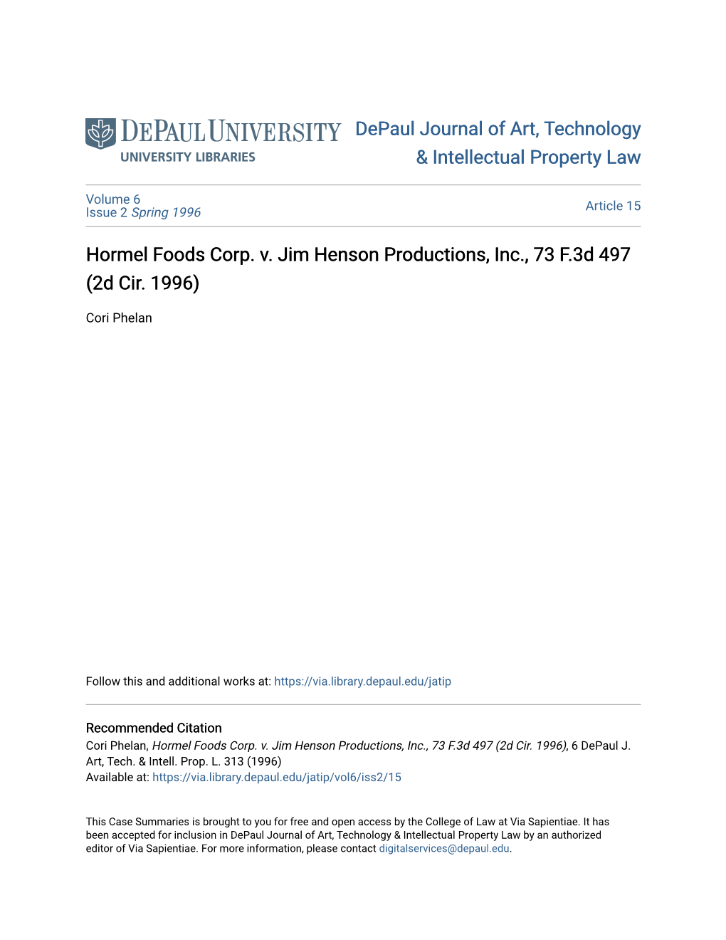 Hormel Foods Corp. V. Jim Henson Productions, Inc., 73 F.3D 497 (2D Cir