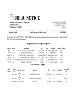 PUBLIC NOTICE Federal Communications Commission News Media Information 202/418-0500 Fax-On-Demand 202/418-2830 445 12Th St., S.W