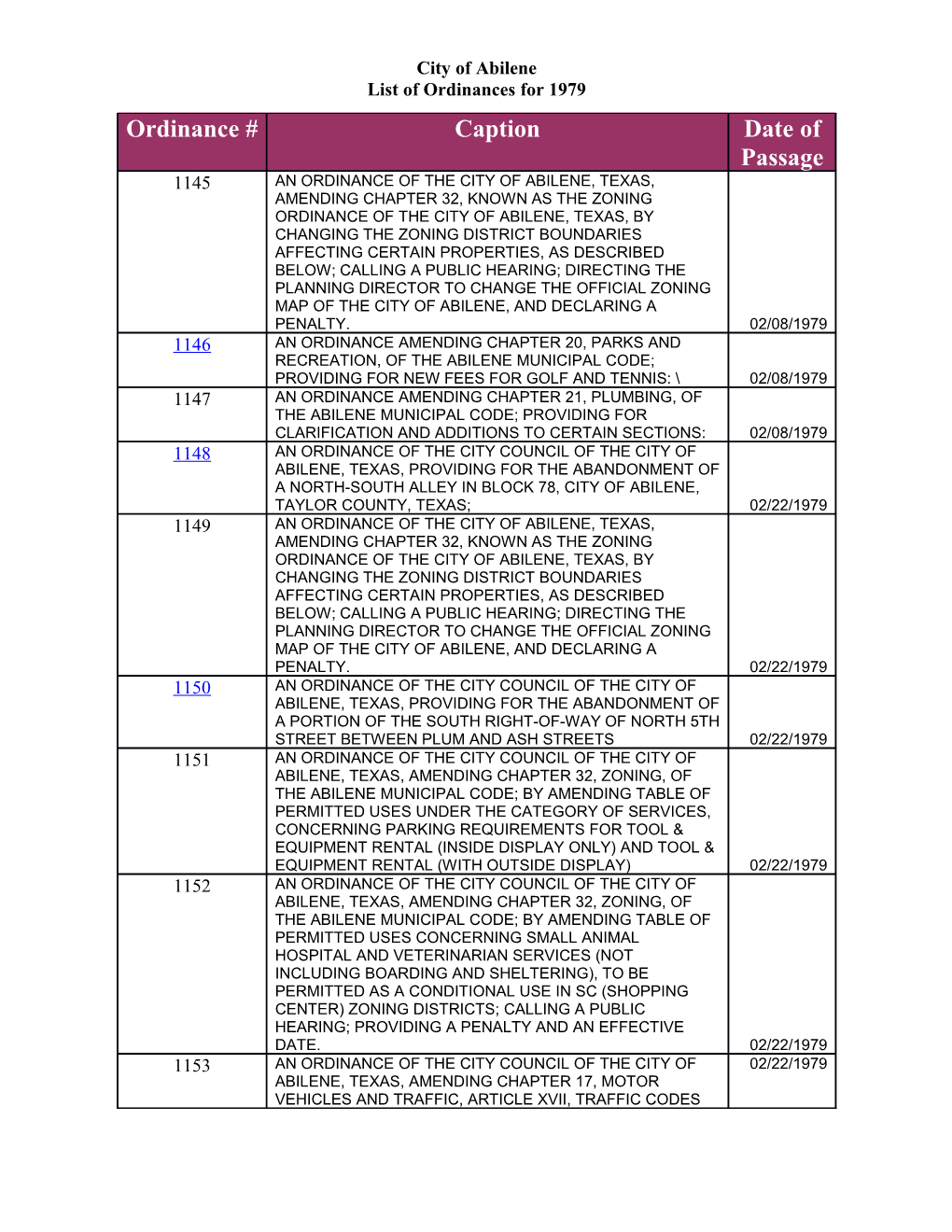 List of Ordinances for 1979