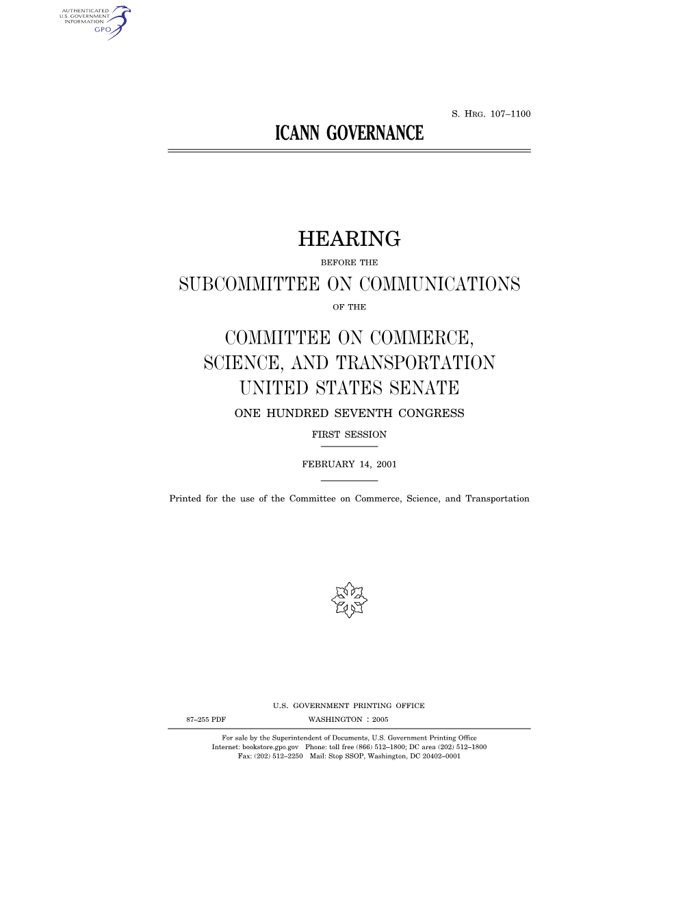 Icann Governance Hearing Subcommittee on Communications Committee on Commerce, Science, and Transportation United States Senate