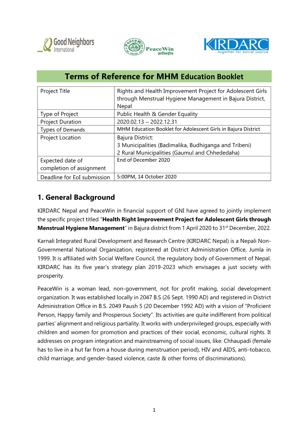 Terms of Reference for MHM Education Booklet